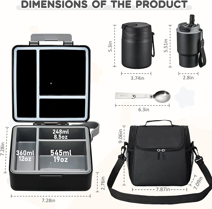 Lunch Box Set with Bento Box Container, 17OZ Stainless Steel Food Soup Thermo, Kids Water Bottle & Portable Insulated Lunch Bag – Leakproof, Hot/Cold Retention for School, Travel (Black)
