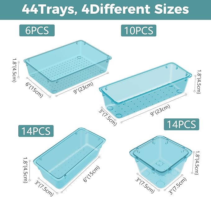 WOWBOX 44 PCS Clear Plastic Drawer Organizer Set, 6 Varied Size storage Bins