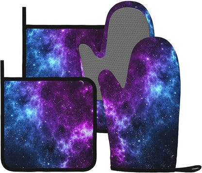 Cool Blue Purple Galaxy Oven Mitts and Pot Holders Sets of 4, Heat Resistant