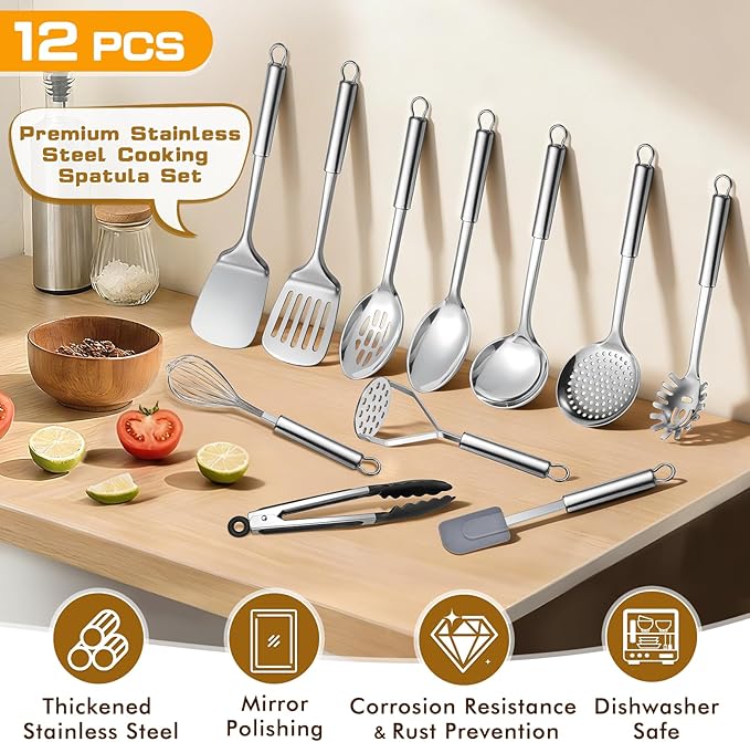 12 Pcs Stainless Steel Cooking Utensils Set, Metal Kitchen Tools Include