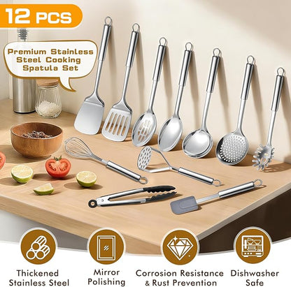 12 Pcs Stainless Steel Cooking Utensils Set, Metal Kitchen Tools Include