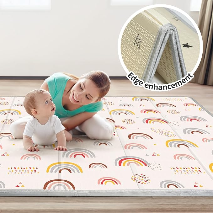Foldable Baby Play Mat, PIGLOG 50x50 Playpen Mat, Safe Foam Playmat for Tummy Time, Waterproof Playmats for Babies and Toddlers Kids, Reversible Portable Baby Floor Mat for Infant, Rainbow Rain