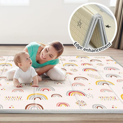 Foldable Baby Play Mat, PIGLOG 50x50 Playpen Mat, Safe Foam Playmat for Tummy Time, Waterproof Playmats for Babies and Toddlers Kids, Reversible Portable Baby Floor Mat for Infant, Rainbow Rain