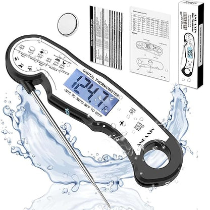 Digital Instant Read Meat Thermometer Digital for Grilling and Cooking - ANDAXIN Waterproof Ultra-Fast Thermometer with Backlight&Calibration&Foldable Probe for Kitchen,Deep Fry,BBQ,Grill-Black/White