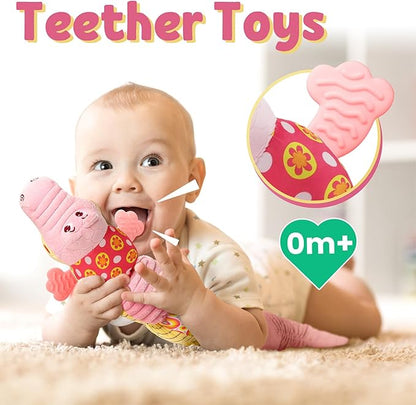 LIGHTDESIRE Baby Toys Musical Crocodile,Infant Toys Stuffed Animals Toy with Ruler Design and Ring Bell,Baby Teething Toy for Tummy Time Newborn Boys Girls 0 3 6 12 Months(Pink)