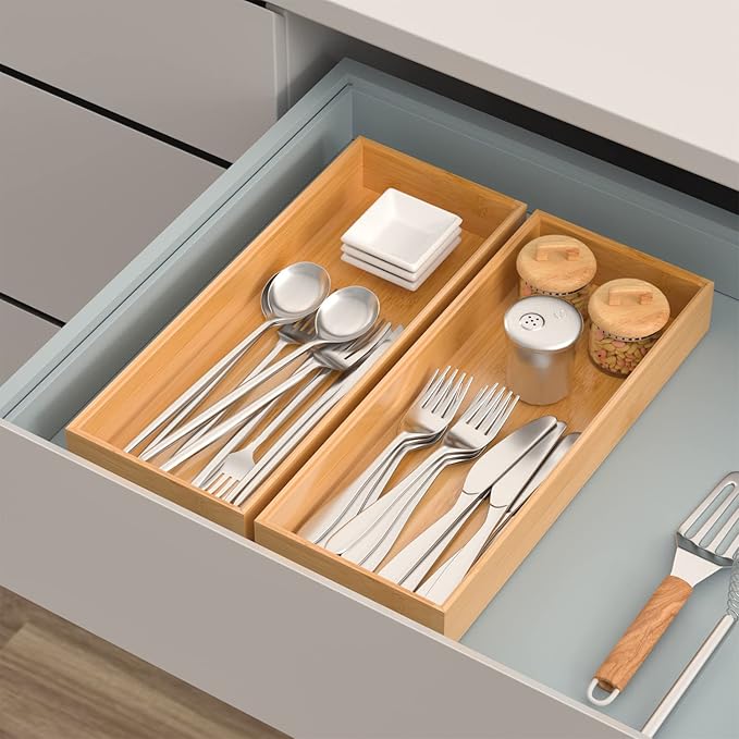 VeyFey Bamboo Drawer Organizer, Stackable Utensil Organizer