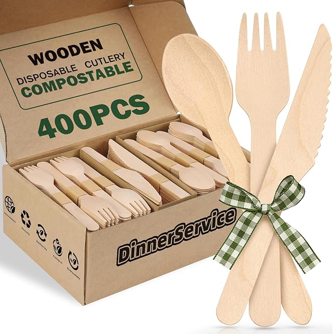 400PCS Eco-Friendly Disposable Wooden Utensil Set – Compostable Biodegradable