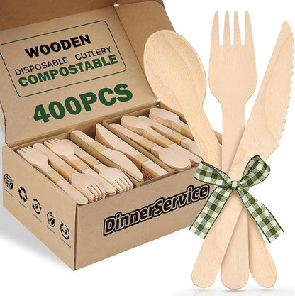 400PCS Eco-Friendly Disposable Wooden Utensil Set – Compostable Biodegradable