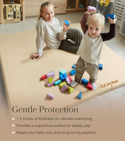 Baby Mat for Floor, Thick Soft Non-Toxic Vegan Leather Baby Play Mat, Waterproof Foam Play Mat, Padded Play Mat for Baby, 50x50 Playpen Mat, Infant Playmat for Baby Girls and Boys, Beige