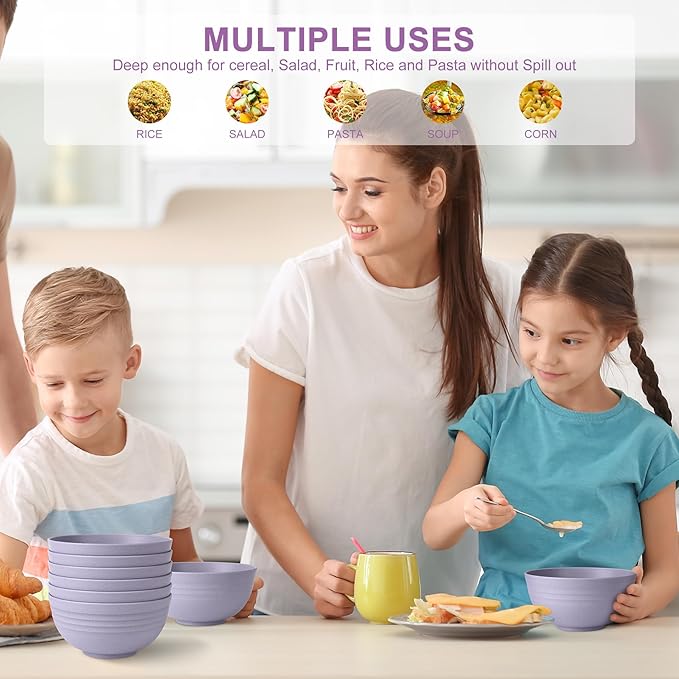 HOTEC BPA Free Unbreakable Wheat Straw Cereal Bowls - Microwave & Dishwasher Safe Soup and Salad Bowls, Set of 8, 26oz, Purple
