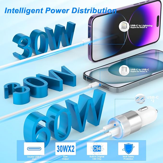 iPhone Car Charger Fast Charging, [Apple MFi Certified] 60W Dual USB-C Power Cigarette Lighter Car Charger+Type-C Cable&Lightning Cable for iPhone 16 15 14 13 12 Pro Plus XS XR iPad, Samsung, Carplay