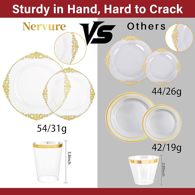 Nervure 350PCS Clear Gold Plastic Plates - Gold Plastic Dinnerware Sets for 50 Guests - 100 Disposable Plates, 150 Silverware, 50 Cups, 50 Napkins for Wedding & Party & Thanksgiving