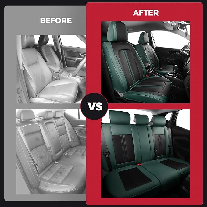 FREESOO Leather Car Seat Covers Full Set, Green Black Waterproof Seat Covers for Cars Trucks SUV, Luxury Front Car Seat Covers and Back Seats, Carseat Protector Car Seat Cover Fit for Most Vehicles