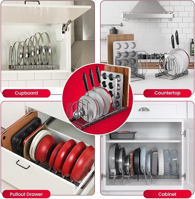 Better Things Home 7.5” Wide 12-Slot Adjustable Large Pan and Pot Lid Organizer
