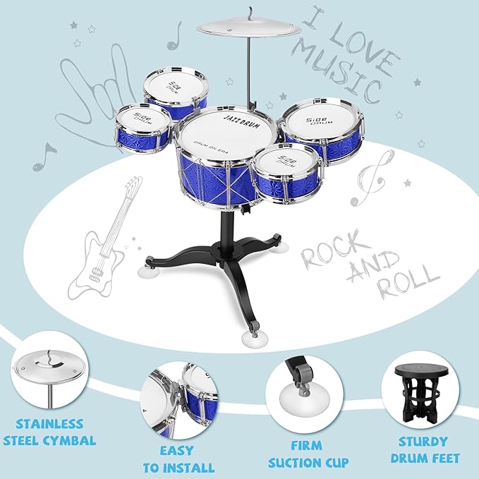 Toddler Drum Set Kids Jazz Drum Kit 8 Piece - Educational Percussion Musical Instruments Drum Toy Playset Christmas Birthday Gift for Boys Girls, Blue
