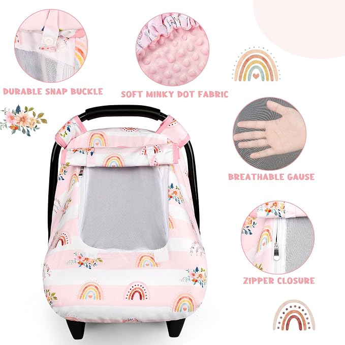 Pea Pod Car Seat Cover Baby, Infant Car Seat Canopy Covers for Newborn with 2 Layers Windows of Breathable Mesh Fabric, Lightweight Polyester/Soft Minky Dot Backing (Floral & Rainbow)