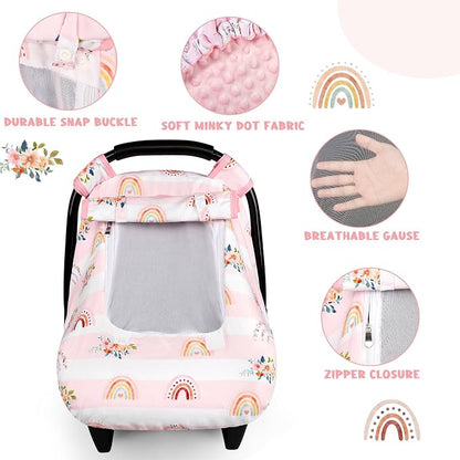 Pea Pod Car Seat Cover Baby, Infant Car Seat Canopy Covers for Newborn with 2 Layers Windows of Breathable Mesh Fabric, Lightweight Polyester/Soft Minky Dot Backing (Floral & Rainbow)