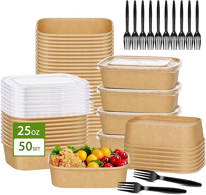 DI QIU REN 50-Pack 25oz Paper Bowls, Disposable Food Containers with Lids and Forks, Rectangular Disposable Salad Bowls for Diet Salad, Pasta (kraft Paper Rectangular, 25oz 50 Count)