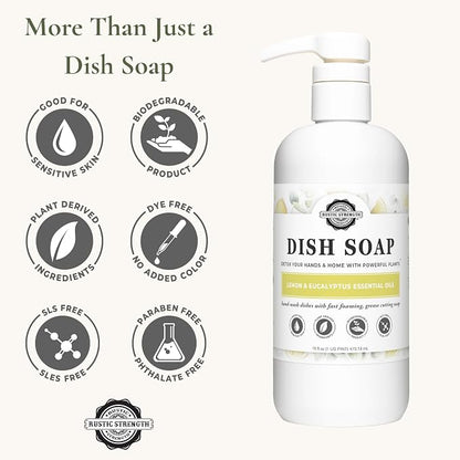 Rustic Strength Concentrated Dish Soap, Lemon & Eucalyptus Scent, 16 oz | High Lathering,Powerful Plant-Based Cleaning,Crisp Refreshing Aroma,Grease Cutting Formula,Tough on Dishes
