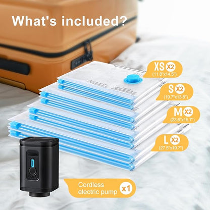 Travel Vacuum Bags with Portable Electric Pump (Combo 8 Pack)