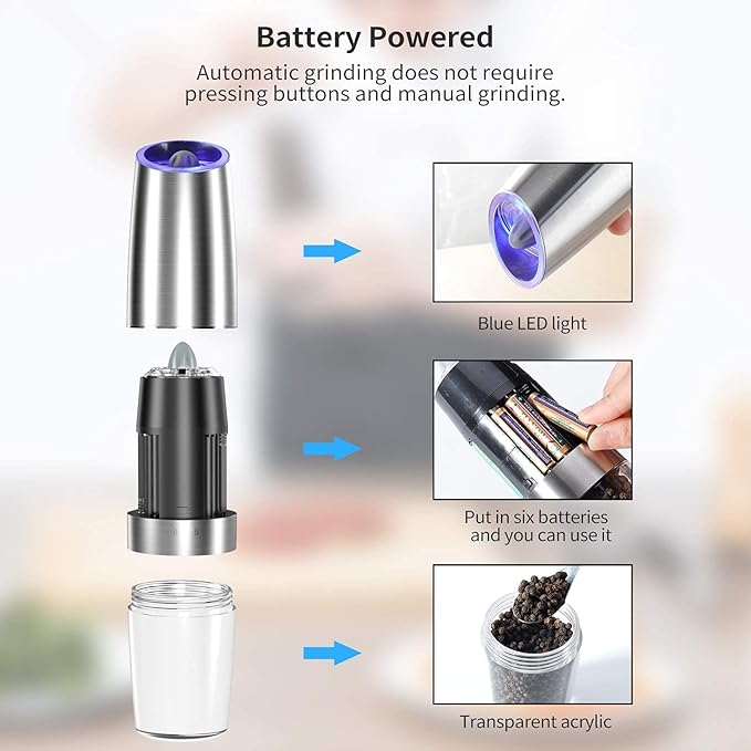 Gravity Electric Pepper and Salt Grinder Set, Adjustable Coarseness, Automatic