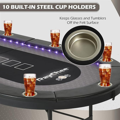 LED Poker Table, 84" 10 Player Foldable Texas Holdem Table w/Inlaid LED Light, 2 USB & 2 Type-c Ports, Portable Blackjac for Texas Card Game w/Cup Holders and Padded Rails (Black)