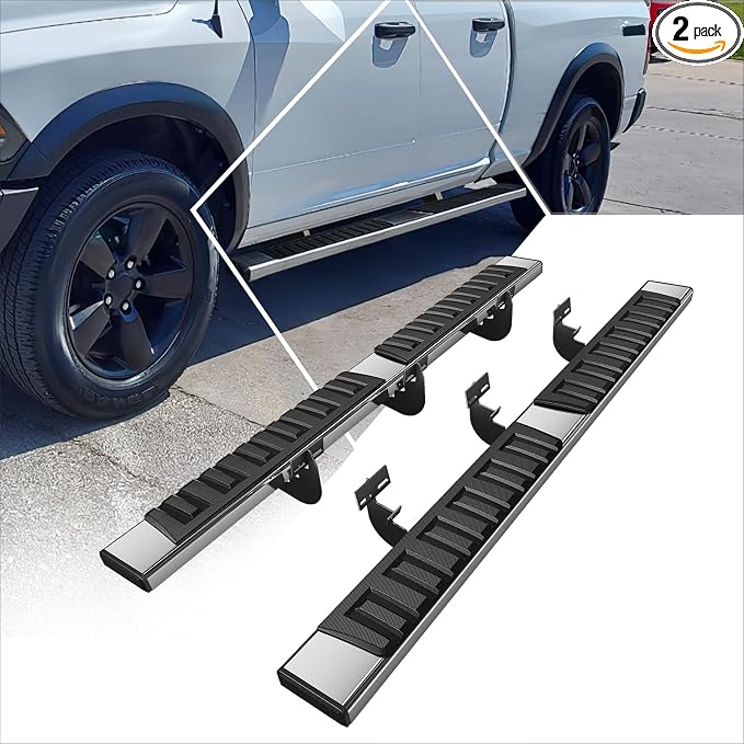 6.75" Running Boards Side Step Bars Compatible with 2009-2024 Dodge Ram 1500 Quad Extended Cab, Stainless Steel Flat Side Truck Running Boards, Chrome