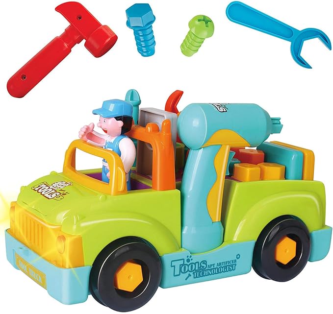 Toddler Tool Set Toy Trucks Kids Mechanic Workbench Take Apart Musical Toolbox with Electric Drill, Power Play Tools, Lights, Bump and Go Building Toy for 2 Year Old Boys