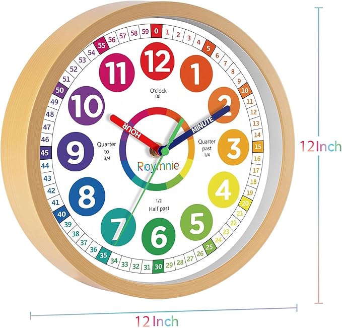 Roymnie12 Inch Wall Clock for Kids Learning to Tell Time Easily Analog Non Ticking Battery Operated Kids Teaching Clock Silent Colorful Teaching Time Clock Decorative for Kids Room Classroom School