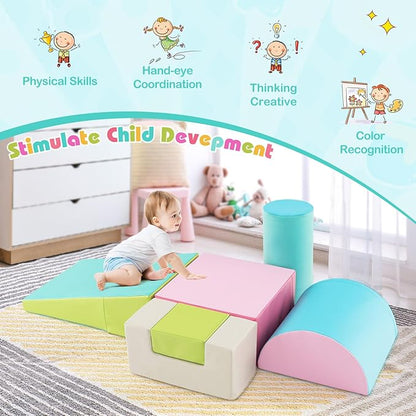 HONEY JOY 6-Piece Climb and Crawl Playset, Soft Climbing Foam Block Activity Play Structure Gym Equipment for Infant Baby, Color Coordination, Waterproof Indoor Climbing Toys for Toddlers (Green)