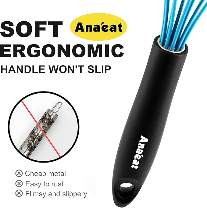 Anaeat Silicone Kitchen Whisk Set of 4, Perfect for Non-Stick Cookware, Milk and Egg Beater Blender for Whisking, Cooking, Baking, Beating - 11'' Flat Whisk and 8.5''+10.5''+12'' Balloon Whisks (Blue)