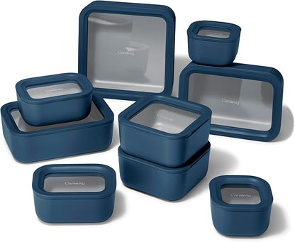 Caraway 22pc Glass Food Storage Set - Storage Containers for Food - Non-Toxic Ceramic-Coated Glass - Air Release Technology - Compact & Stackable Design - Navy