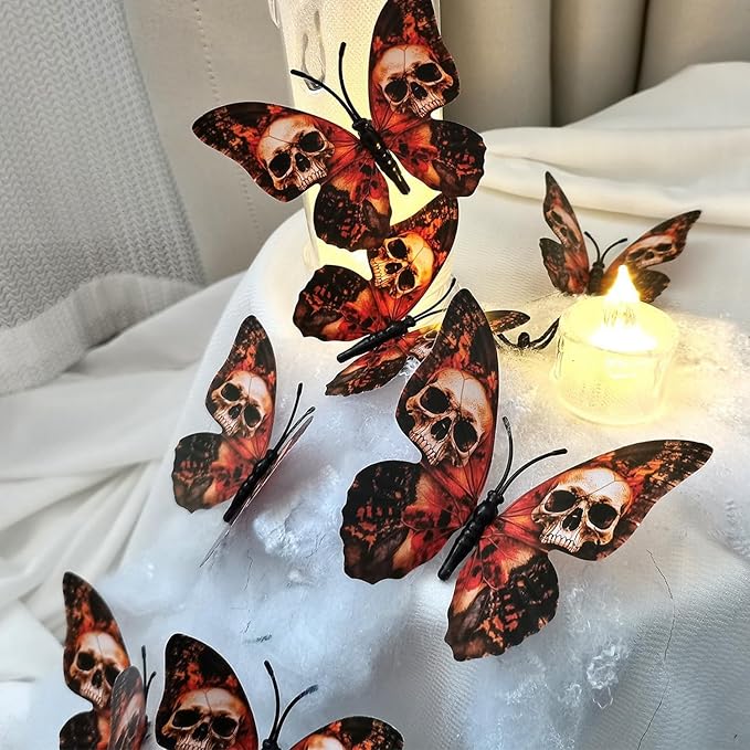 12 Pcs Halloween Wall Decor 3D Skull Butterfly Wall Decal Stickers Goth Halloween Decorations Butterflies Skeleton Designs for Festival Home Party Decoration Supplies