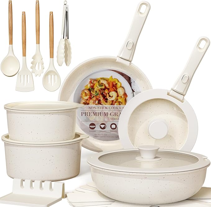 Astercook 21 Pcs Pots and Pans Set Non Stick, Ceramic Cookware Set Detachable