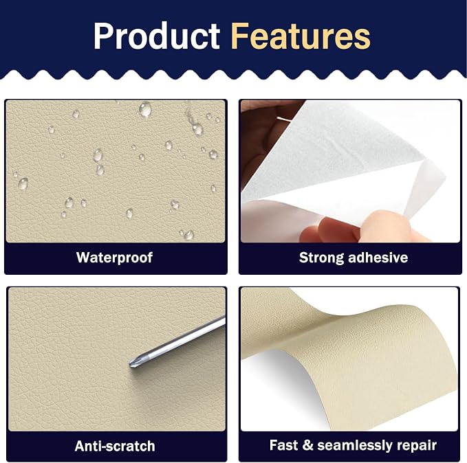 Zenyao Leather Repair Patch Tape - Self Adhesive Leather Repair Kit for Car Seat Furniture, Heavy Duty Vinyl Repair Patch for Couch Sofa, Waterproof Fix for Tears, 8x11 Inch Sheet, 2 Pieces, Off White