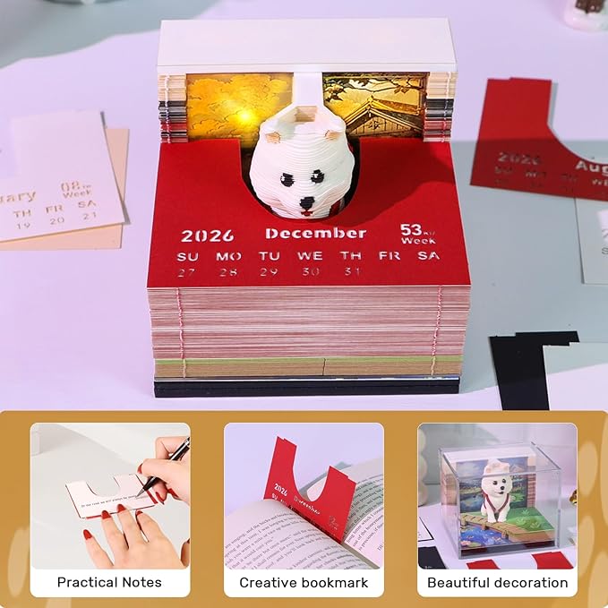 3d Calendar 2026,The Combination Of Paper Carved Lights And Artistic Creativity,Backpack Dog 3d Calendar,Suitable For Note Taking,Decorative Ornaments,Holiday Gifts (white)