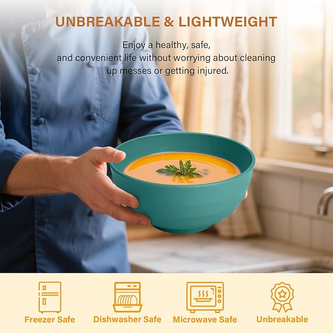 Homienly Large Bowls for Eating: Set of 8 Unbreakable 60oz Wheat Straw Bowls, Non-Plastic & Microwave Safe for Everyday Salad, Soup & Oatmeal (Green)