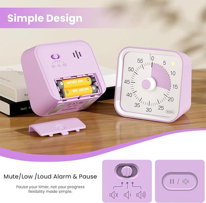 Visual Timer for Kids with Pause Function, 60 Minute Countdown Timer for Kids Desk Study, Teaching, Kitchen Cooking, Office Meetings, Time Management for ADHD (Purple)