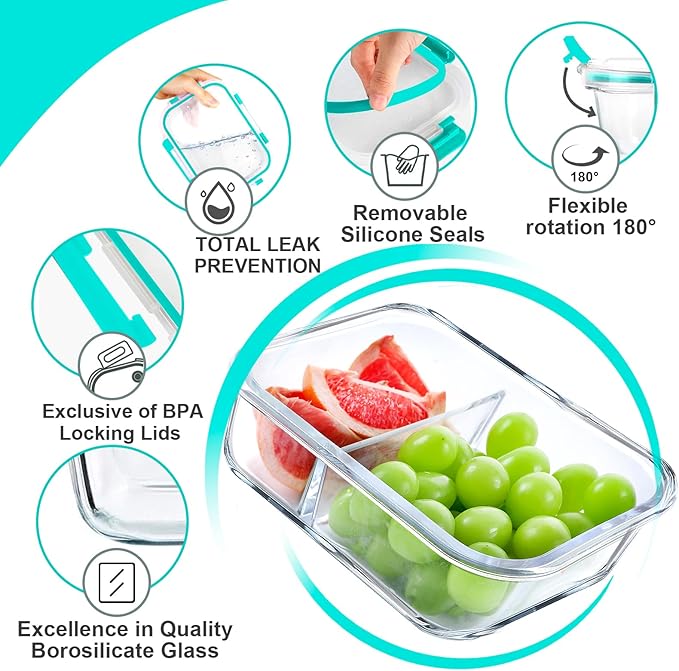VERONES 5 Pack Glass Meal Prep Containers 2 Compartment Set, 36OZ Airtight Glass Lunch Containers, Glass Food Storage Containers with Lids, for Microwave, Oven, Freezer & Dishwasher Friendly,Green