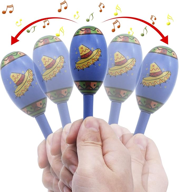 JOYIN 12 Mini Wooden Fiesta Maracas 6 Designs Noisemaker for Mexican Fiesta, Cinco De Mayo Party Favors, Musical Fun, Birthday Parties, Luau Party, Carnivals, Taco Tuesday Event