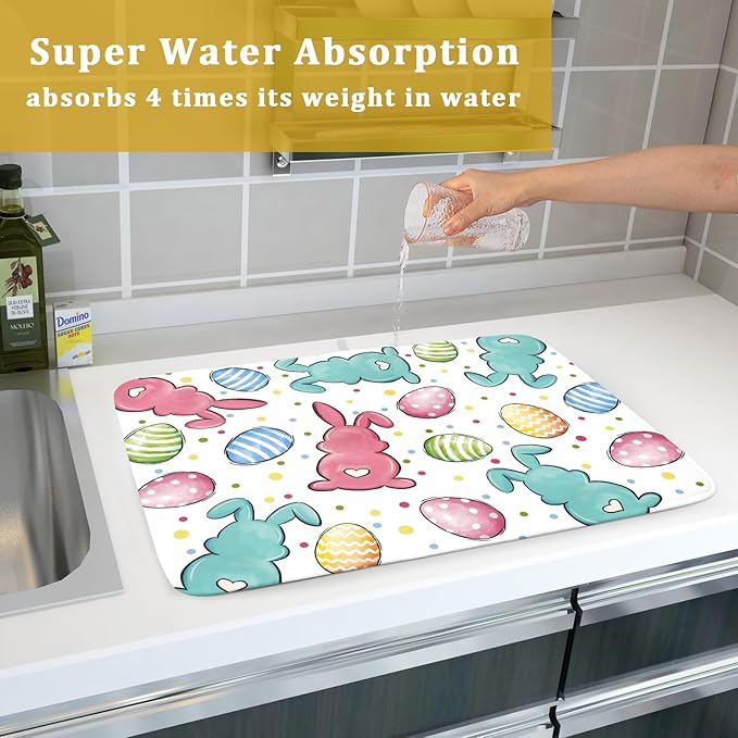 Easter Dish Drying Mat for Kitchen Counter Colorful Bunny Holiday Microfiber
