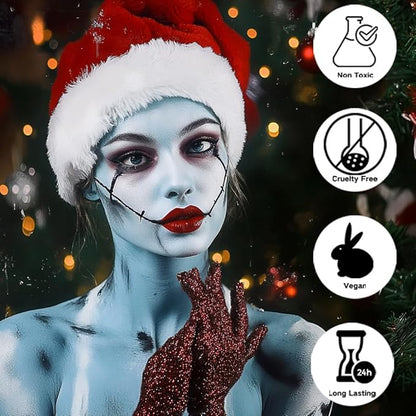 4 Pcs Sally Makeup Kit,Corpse Bride SFX Halloween Baby Blue ,Water Activated Face Paint Makeup Kit,Sally Face Costume Women Cosplay,Light Blue Body Paint+Eyeliner+Lipstick+Sponge