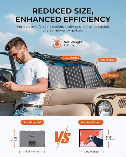 [Upgraded] BigBlue 30W Solar Panel Charger with Fast Charging USB-A and USB-C, DC Ports, SolarPowa 30 Portable Solar Panel, IP68 Waterproof, Compatible with iPhone, Samsung, iPad, Small Power Station