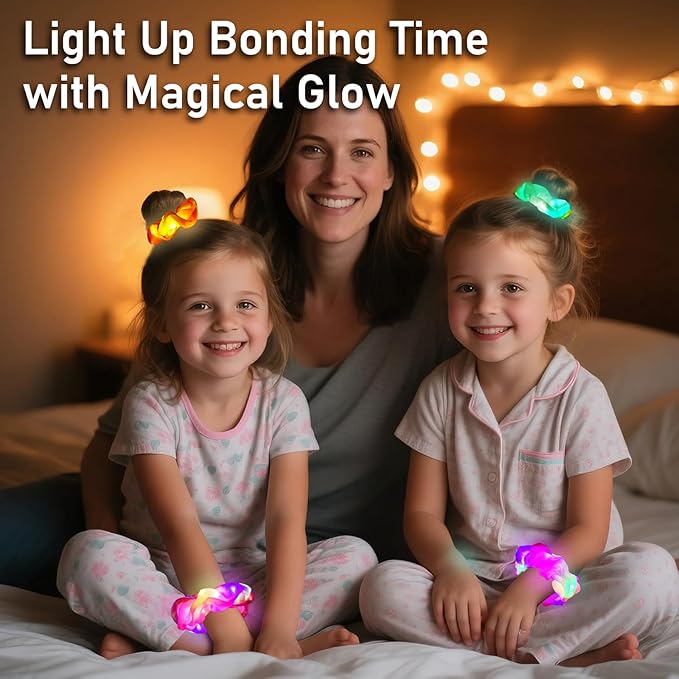 8 PCS Light up Scrunchies for Girls, Glow in the Dark Party Supplies, 3 Glow Mode Satin Scrunchy, LED Hair Accessories for Birthday Party, Rave Party, Festival & Sleepover Party