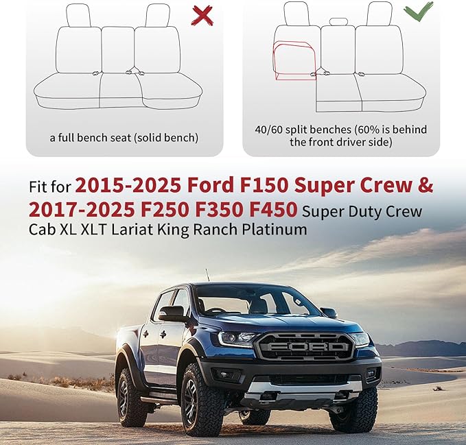 Huidasource Rear Bench Seat Covers Fit for Ford F150, Automotive Car Seat Cushion Cover Fit for 2015-2025 F150 SuperCrew&2017-2025 F250 F350 F450 Super Duty Crew Cab Pickup(Back Row/Black&White)