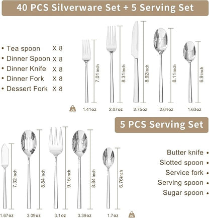 KINGSTONE Silverware Set with Serving Utensils, 45-Piece Forged Flatware Set Cutlery Set Premium Stainless Steel, Service for 8, for Kitchen, Home, Wedding, Party, Mirror Polished and Dishwasher Safe