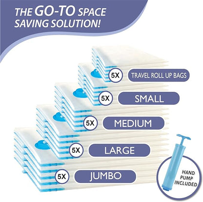 25 Pack Vacuum Storage Bags, Space Saver Vacuum Storage Bags, Vacuum Seal Bags for Clothing, Clothes, Comforters and Blankets, Hand Pump Included