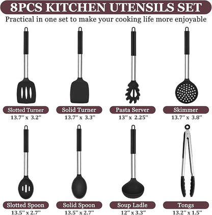 TeamFar Kitchen Utensils Set of 8, Silicone Utensils Kitchen Tools Set with Stainless Steel Handle, for Frying Serving Flipping Draining, Non-toxic & Heatproof, Nonstick & Dishwasher Safe - Black