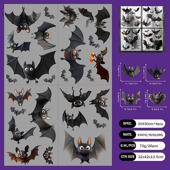 4 Sheets Halloween Decorations Window Clings Decals Cartoon Cute Bats Window Stickers for Glass Double Sided Printed Bat Windows Decal Decor for Home School Office Party Supplies