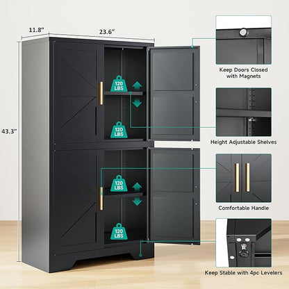 SISESOL Black Storage Cabinet with 4 Doors and 2 Adjustable Shelves,Farmhouse Food Pantry Cabinets,Small Bathroom Cabinet,4 Tier Metal Storage Cabinets for Home Kitchen,Dining/Living/Laundry/Room